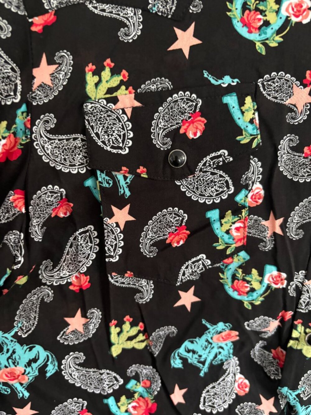 Roper Black Western Cactus Star Paisley Novelty Print Snap Button Collar Shirt - Picture 3 of 7